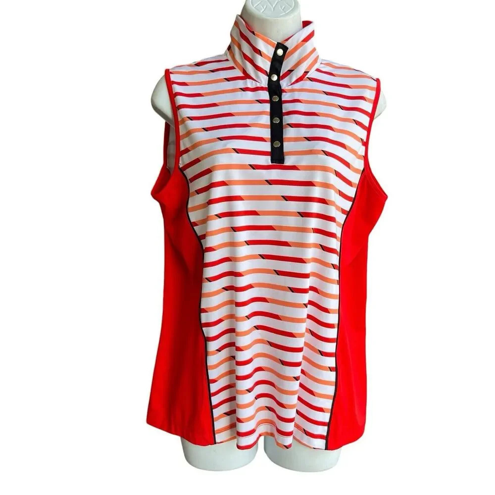 Tail Activewear Top 1/4 Snap Multi-Color Stripe Sleeveless Jersey Women's Sz L
